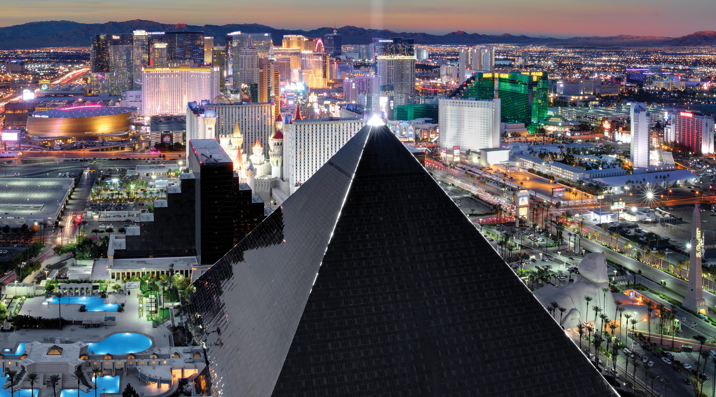 View of the Luxor Pyramid at night.