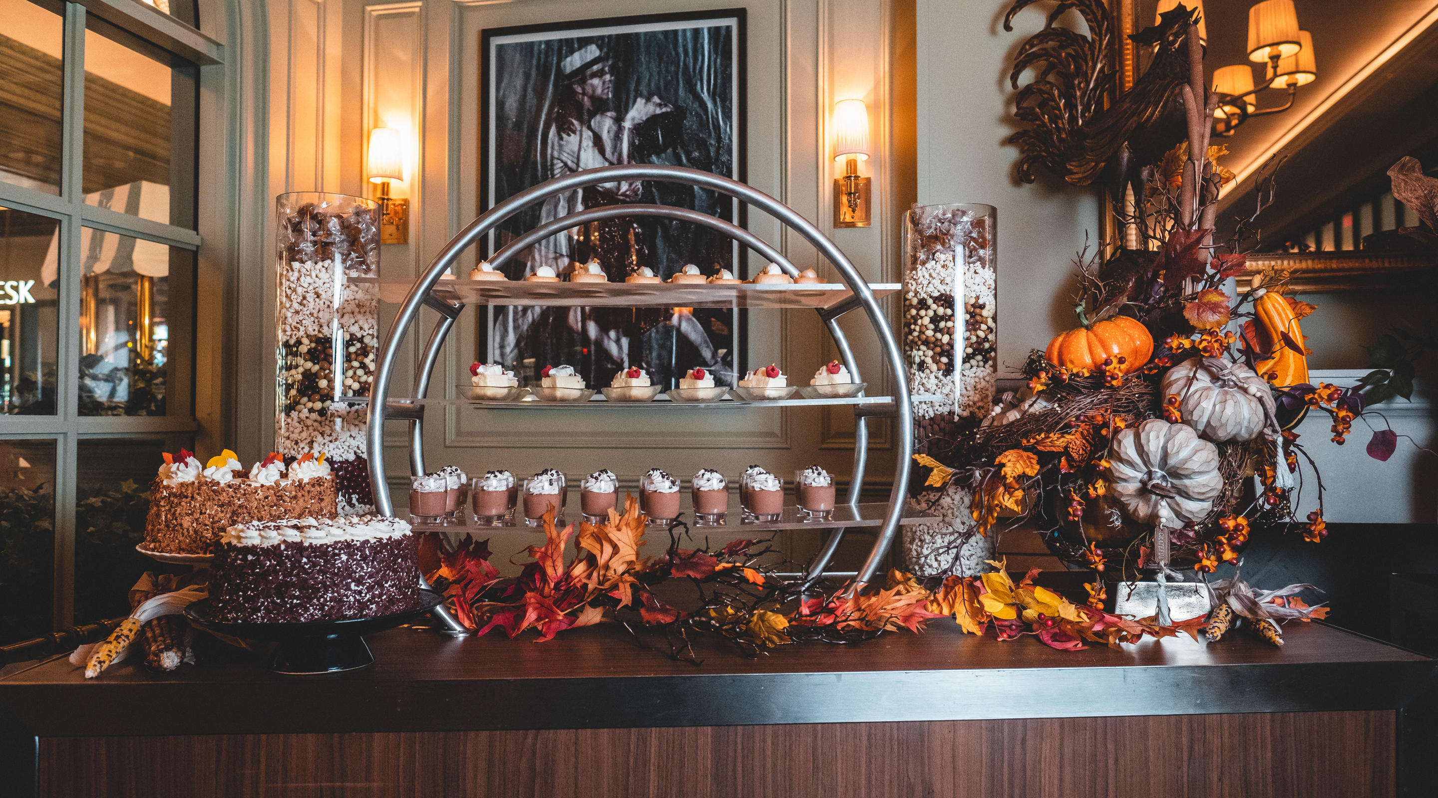 A dessert station with Thanksgiving-themed treats.